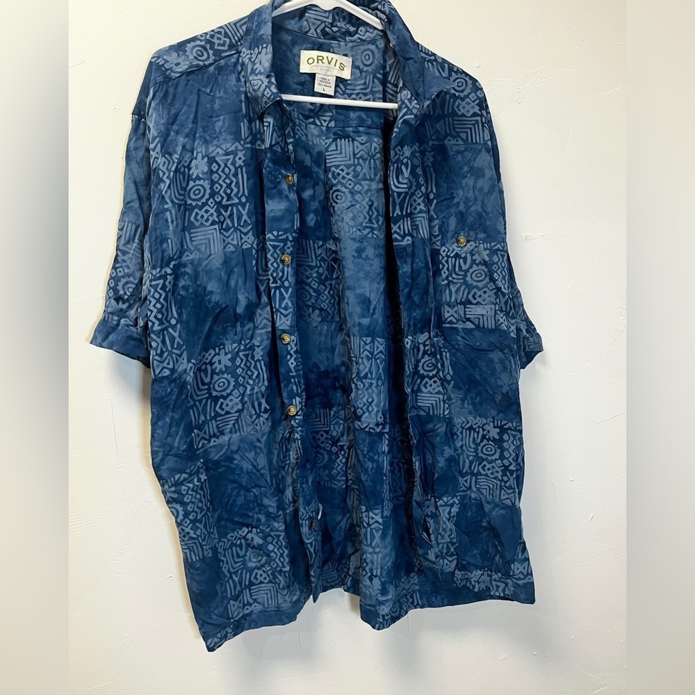 Orvis blue Aztec print Hawaiian button up short sleeve shirt size large